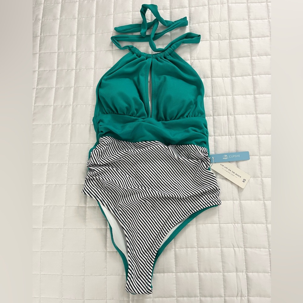 Cupshe One-Piece solid turquoise top and back and white stripes bottom XS